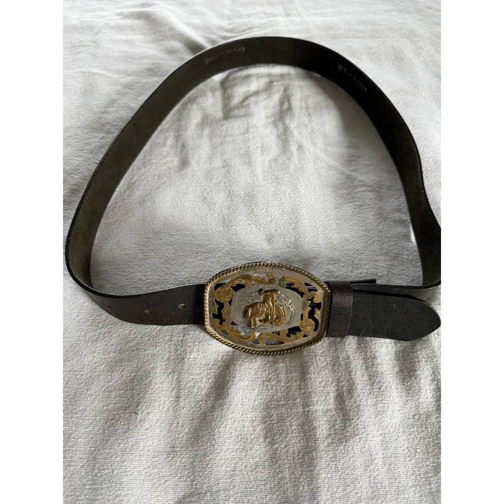 Alpaca Mexico Bronco Buckle Leather Belt Mens 42 Black Western Cowboy Rodeo